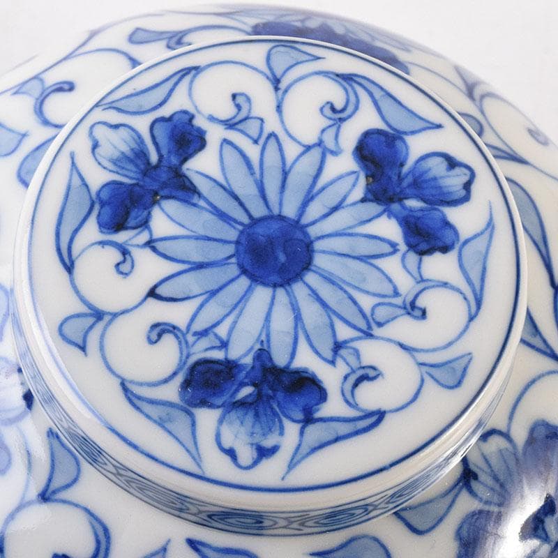 Sometsuke Blue White Tea Jar by Ito Ihei - Chrysanthemum Arabesque Porcelain