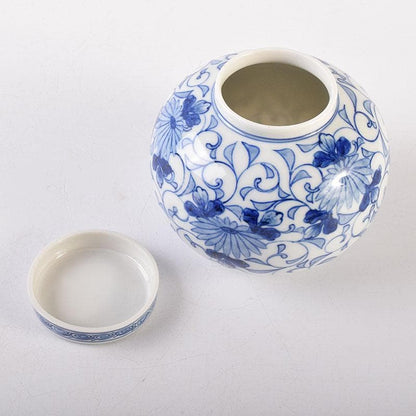 Sometsuke Blue White Tea Jar by Ito Ihei - Chrysanthemum Arabesque Porcelain