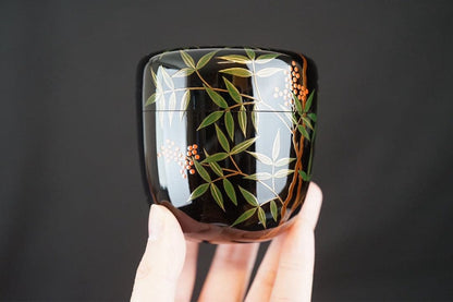 Nanten Maki-e Large Natsume Tea Caddy by Hosokawa Shiko — Silver Interior, Signed Box