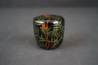 Nanten Maki-e Large Natsume Tea Caddy by Hosokawa Shiko — Silver Interior, Signed Box