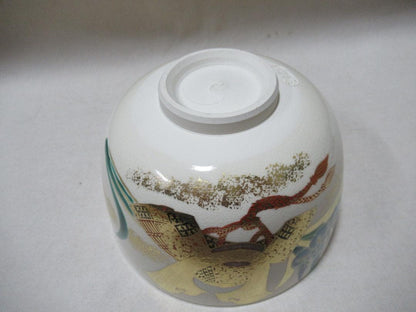 Ninsei-Style Samurai Helmet Tea Bowl by Omuro Kiln - Gold Kabuto Iris Kyo-yaki Chawan