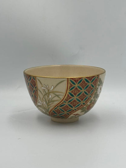 Sugita Shohei Ninsei-utsushi Tea Bowl — Shippo Shikishi Four Noble Plants, Kyo-yaki