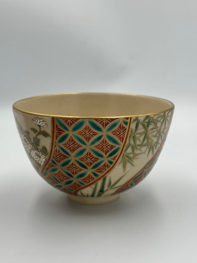 Sugita Shohei Ninsei-utsushi Tea Bowl — Shippo Shikishi Four Noble Plants, Kyo-yaki