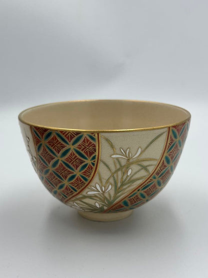 Sugita Shohei Ninsei-utsushi Tea Bowl — Shippo Shikishi Four Noble Plants, Kyo-yaki