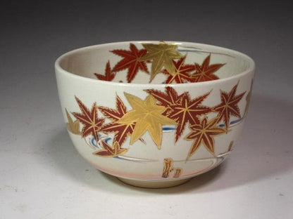 Kyo Ware Maple Leaf Tea Bowl by Kudo Juraku - Hounsai XV Urasenke Kao Inscription
