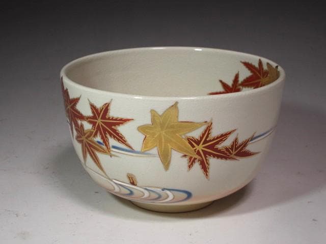Kyo Ware Maple Leaf Tea Bowl by Kudo Juraku - Hounsai XV Urasenke Kao Inscription