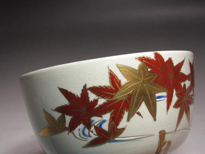 Kyo Ware Maple Leaf Tea Bowl by Kudo Juraku - Hounsai XV Urasenke Kao Inscription