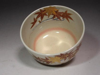 Kyo Ware Maple Leaf Tea Bowl by Kudo Juraku - Hounsai XV Urasenke Kao Inscription