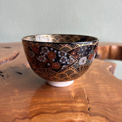 Suzuki Kiyoyasu Fan Design Tea Bowl — Gold Panels, Seigaiha, Kyoto Ware