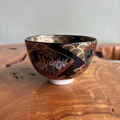 Suzuki Kiyoyasu Fan Design Tea Bowl — Gold Panels, Seigaiha, Kyoto Ware
