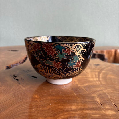 Suzuki Kiyoyasu Fan Design Tea Bowl — Gold Panels, Seigaiha, Kyoto Ware