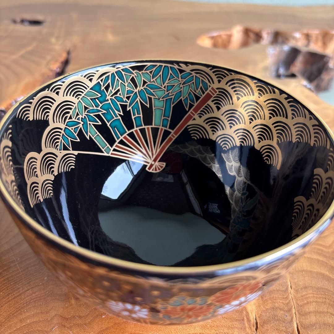 Suzuki Kiyoyasu Fan Design Tea Bowl — Gold Panels, Seigaiha, Kyoto Ware