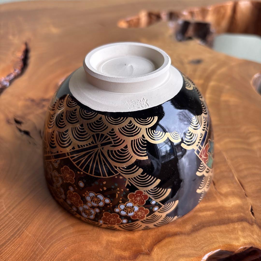 Suzuki Kiyoyasu Fan Design Tea Bowl — Gold Panels, Seigaiha, Kyoto Ware