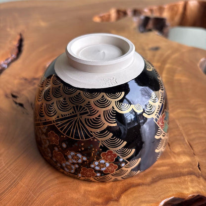 Suzuki Kiyoyasu Fan Design Tea Bowl — Gold Panels, Seigaiha, Kyoto Ware
