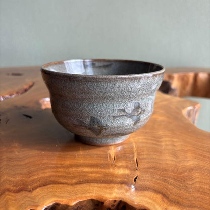 Artist-Made Small Matcha Bowl | Gray-Green Crackle Glaze with Subdued Landscape