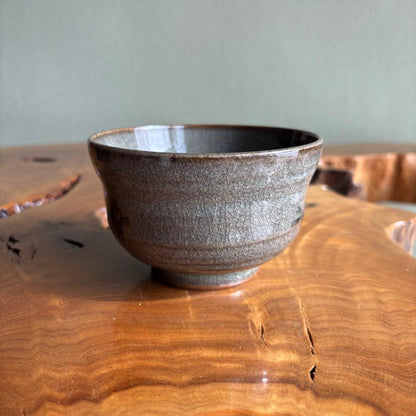 Artist-Made Small Matcha Bowl | Gray-Green Crackle Glaze with Subdued Landscape