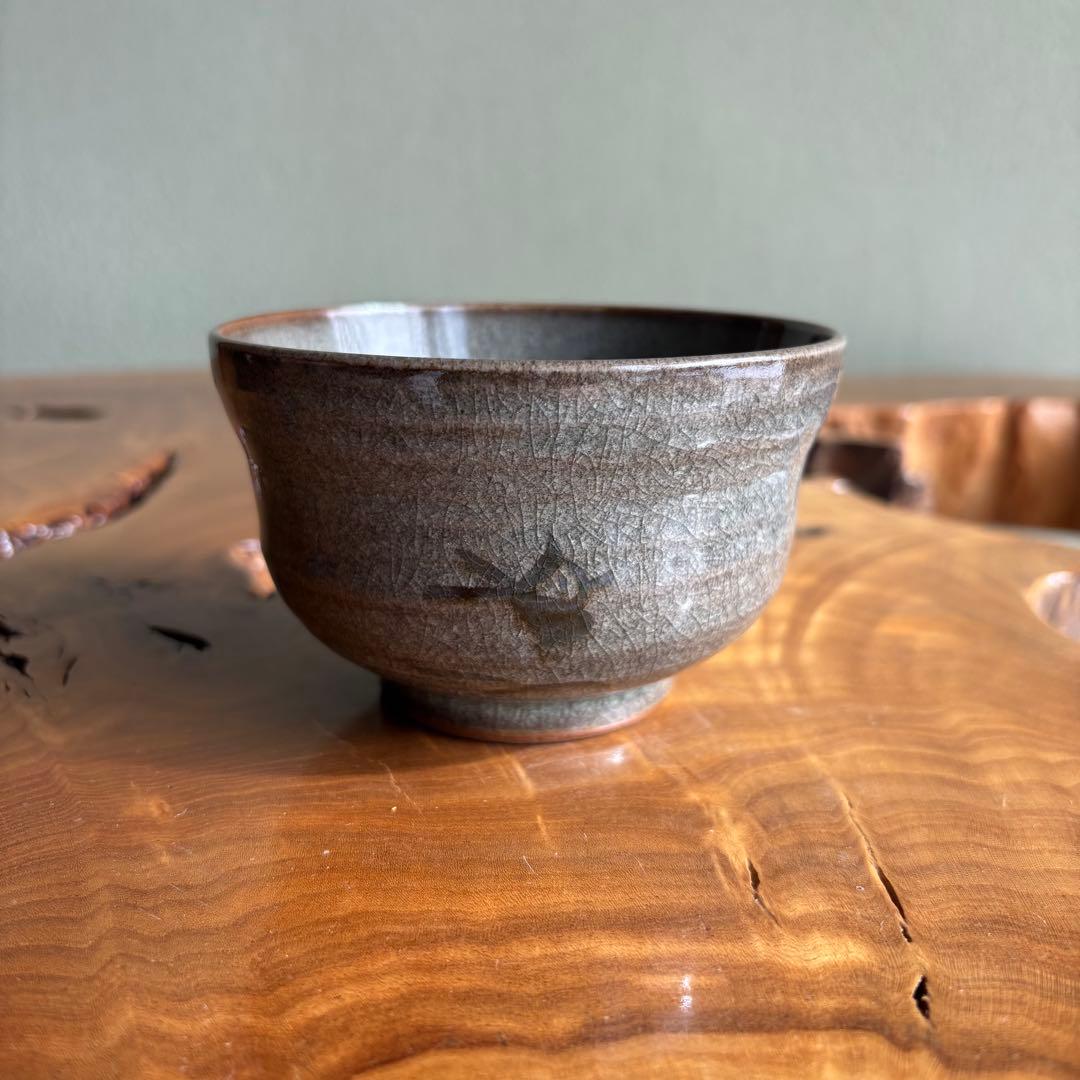 Artist-Made Small Matcha Bowl | Gray-Green Crackle Glaze with Subdued Landscape