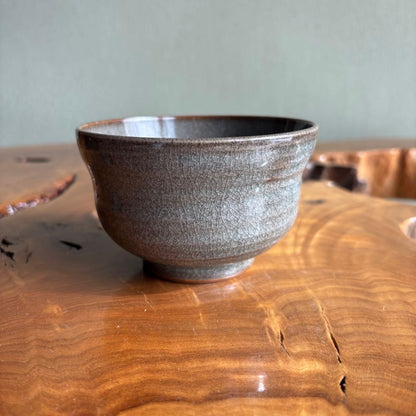 Artist-Made Small Matcha Bowl | Gray-Green Crackle Glaze with Subdued Landscape