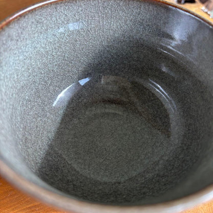 Artist-Made Small Matcha Bowl | Gray-Green Crackle Glaze with Subdued Landscape