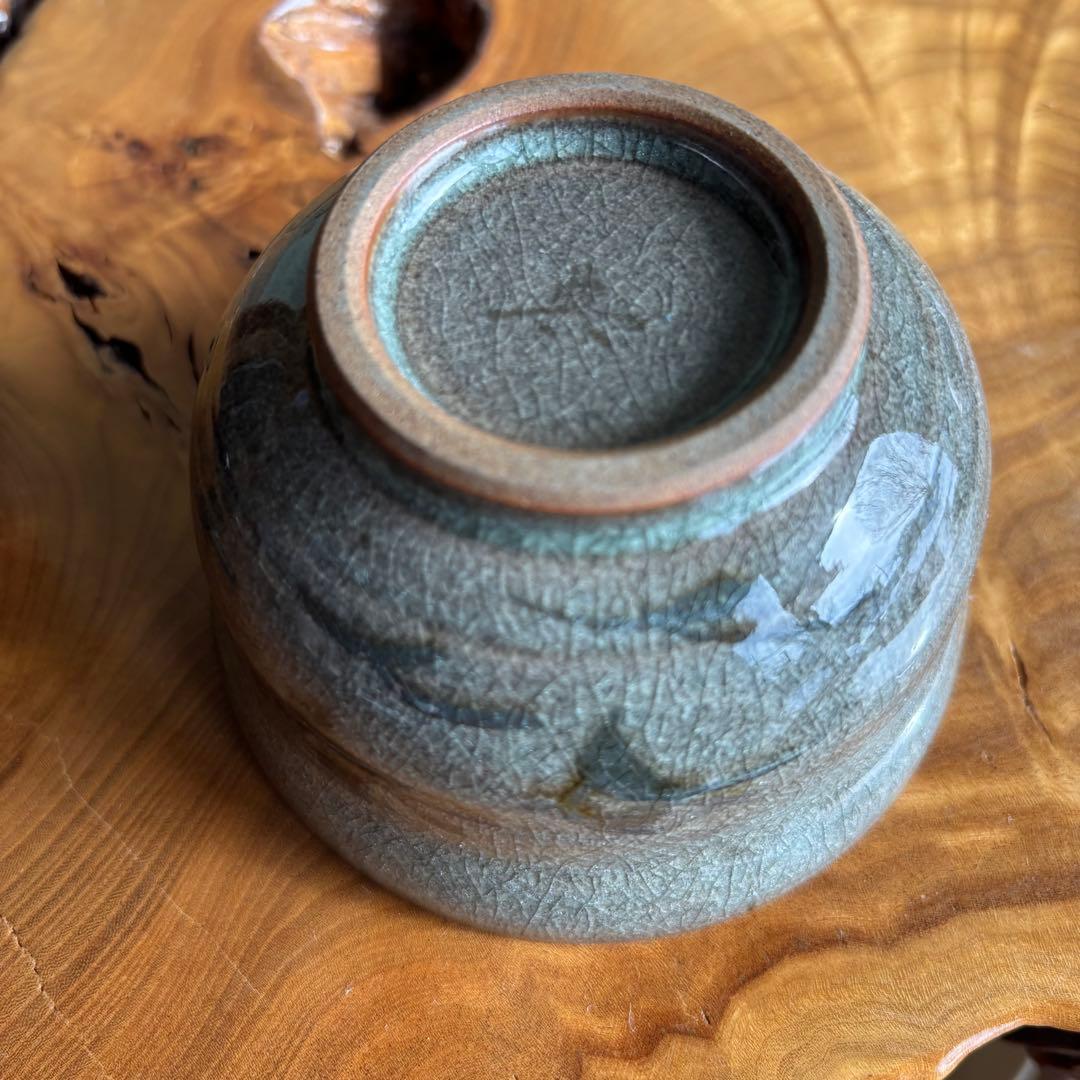 Artist-Made Small Matcha Bowl | Gray-Green Crackle Glaze with Subdued Landscape