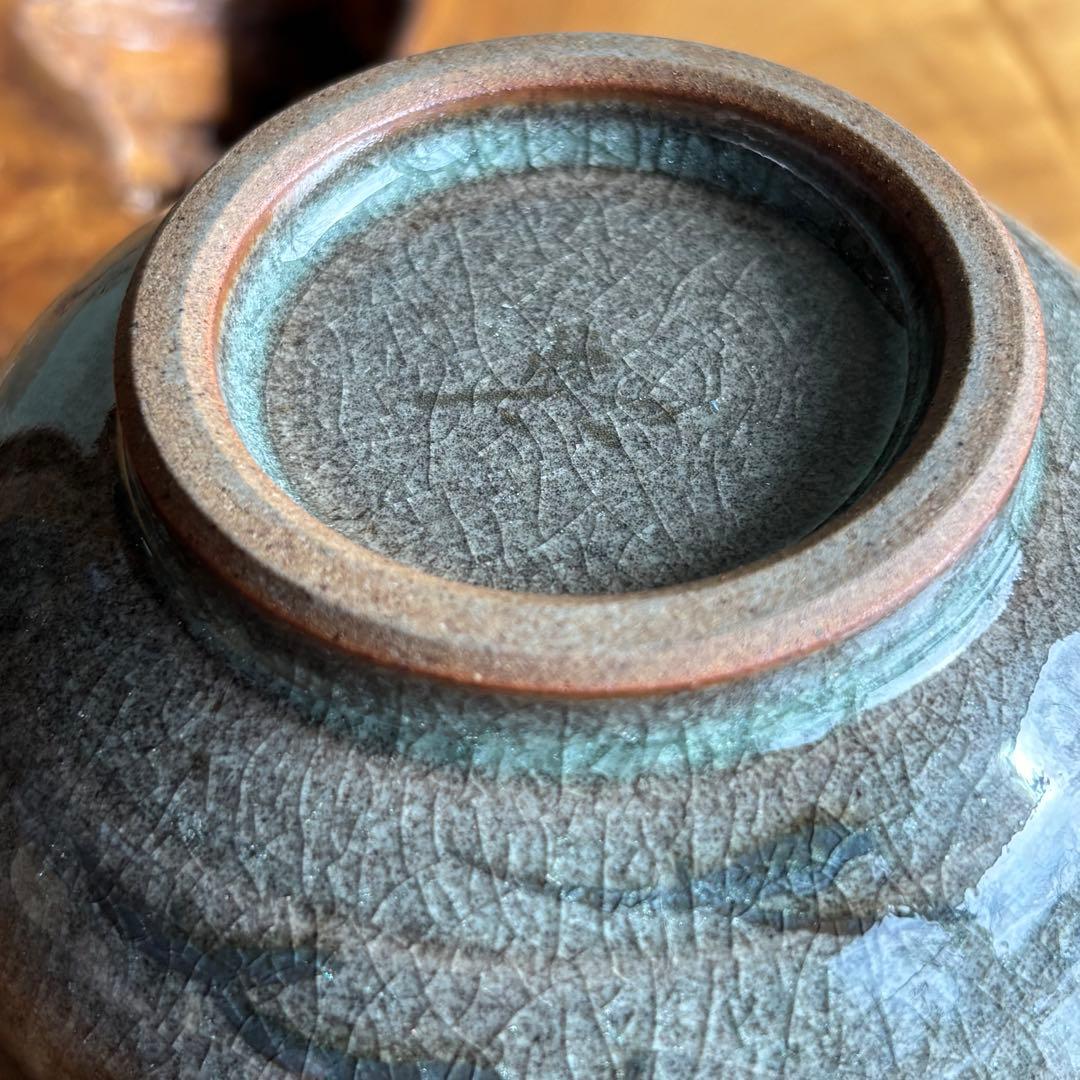 Artist-Made Small Matcha Bowl | Gray-Green Crackle Glaze with Subdued Landscape
