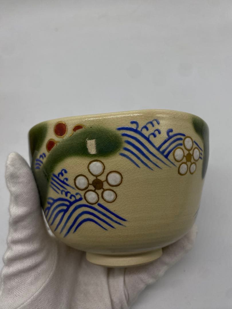 Imperial Kyoto-yaki Matcha Bowl by Eiraku Shozen, Ninsei-style Plum & Waves