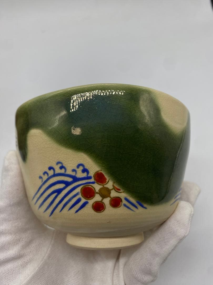 Imperial Kyoto-yaki Matcha Bowl by Eiraku Shozen, Ninsei-style Plum & Waves