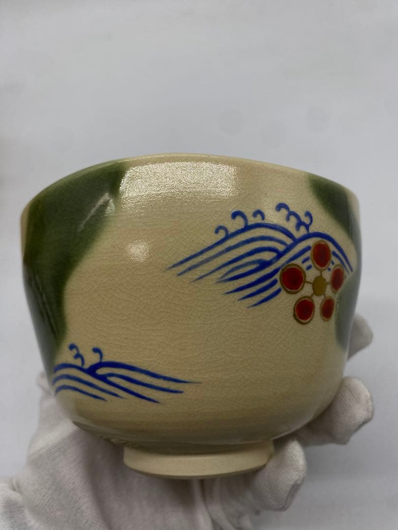 Imperial Kyoto-yaki Matcha Bowl by Eiraku Shozen, Ninsei-style Plum & Waves