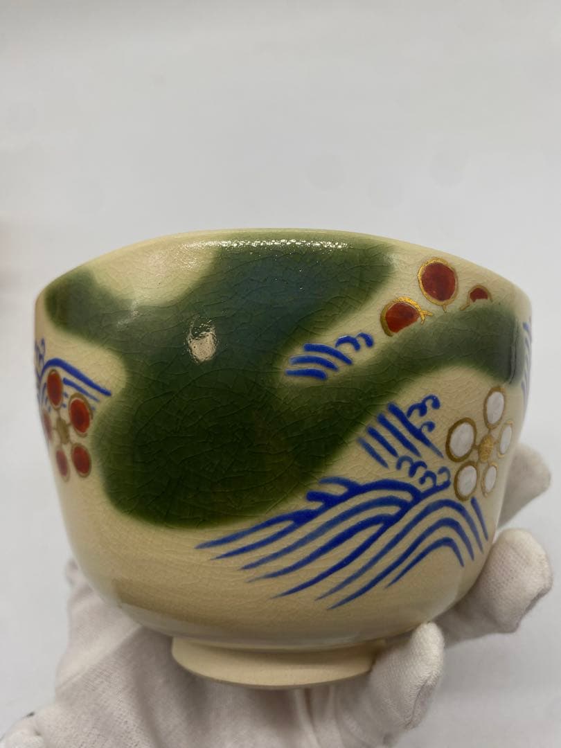 Imperial Kyoto-yaki Matcha Bowl by Eiraku Shozen, Ninsei-style Plum & Waves