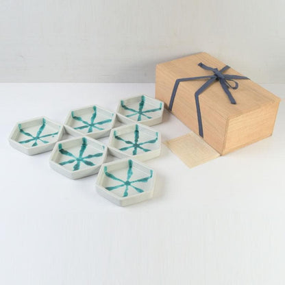 Kaiseki Hexagonal Plates Set of 6 by Takita Koichi | Kumon Kiln Turquoise Overglaze
