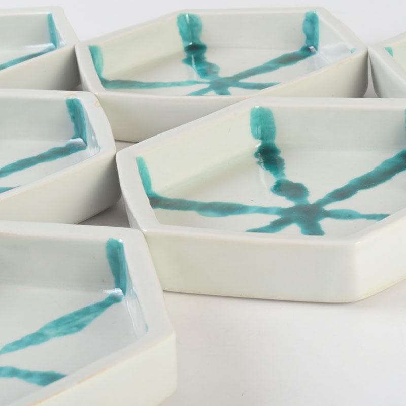 Kaiseki Hexagonal Plates Set of 6 by Takita Koichi | Kumon Kiln Turquoise Overglaze