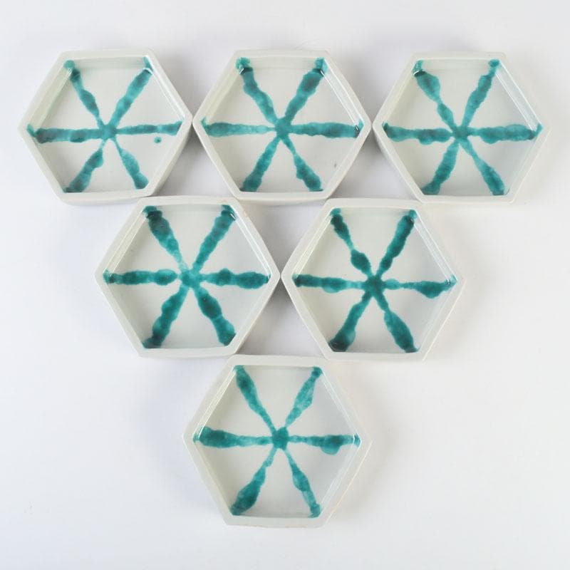 Kaiseki Hexagonal Plates Set of 6 by Takita Koichi | Kumon Kiln Turquoise Overglaze