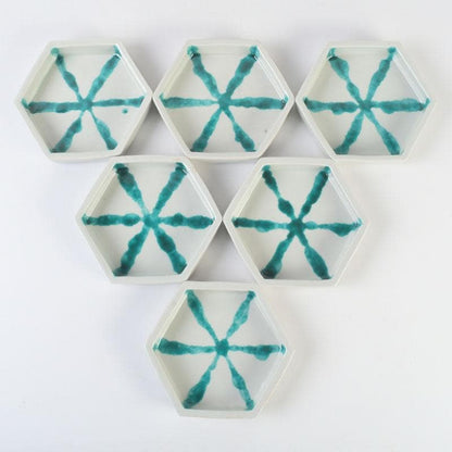 Kaiseki Hexagonal Plates Set of 6 by Takita Koichi | Kumon Kiln Turquoise Overglaze