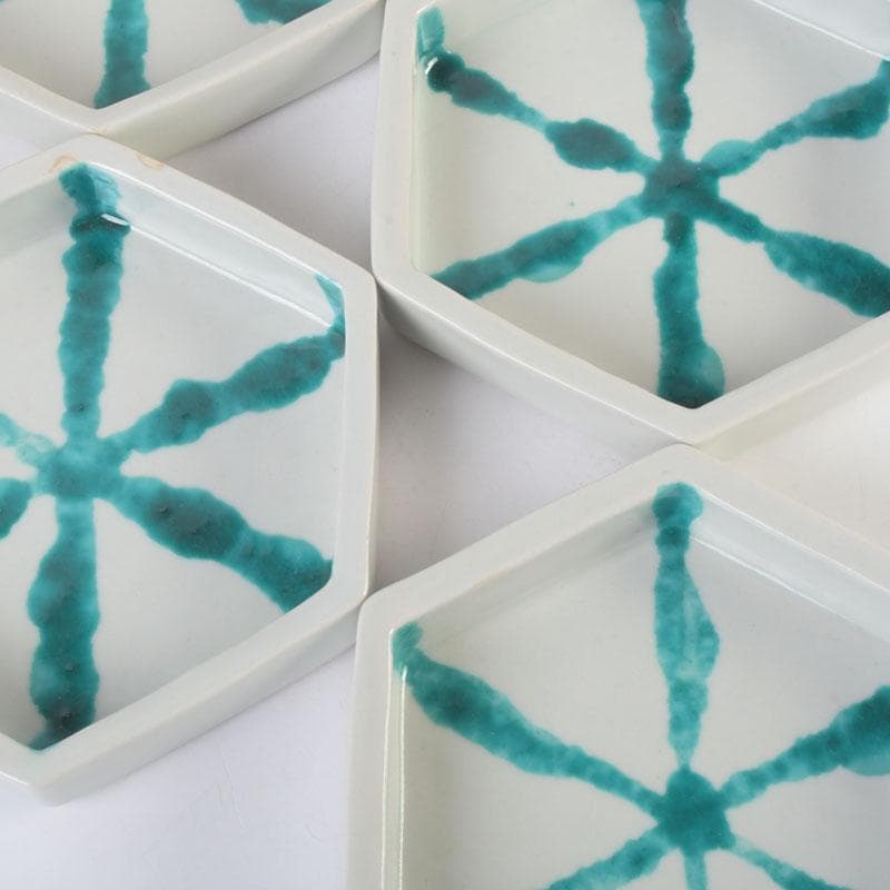 Kaiseki Hexagonal Plates Set of 6 by Takita Koichi | Kumon Kiln Turquoise Overglaze