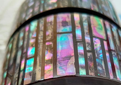 Raden Mother-of-Pearl Chrysanthemum Naka-Tsugi by Kitajima Shoho — Iridescent Shell Mosaic Tea Caddy