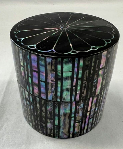 Raden Mother-of-Pearl Chrysanthemum Naka-Tsugi by Kitajima Shoho — Iridescent Shell Mosaic Tea Caddy
