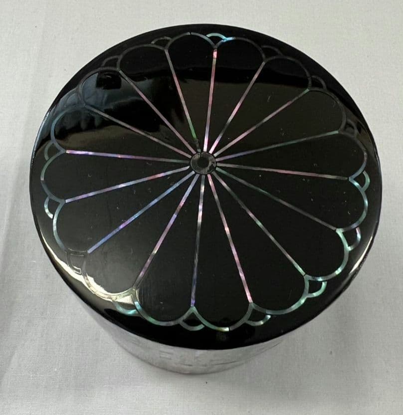 Raden Mother-of-Pearl Chrysanthemum Naka-Tsugi by Kitajima Shoho — Iridescent Shell Mosaic Tea Caddy