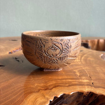 Tawara Chawan with Carved Floral Medallions — Japanese Tea Bowl