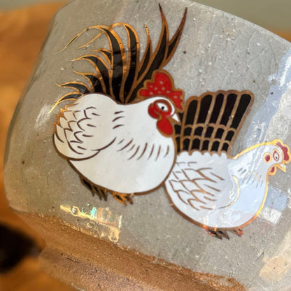 Rakuzan Kiln Iro-e Rooster Matcha Bowl - Japanese Crackle Glaze Chawan