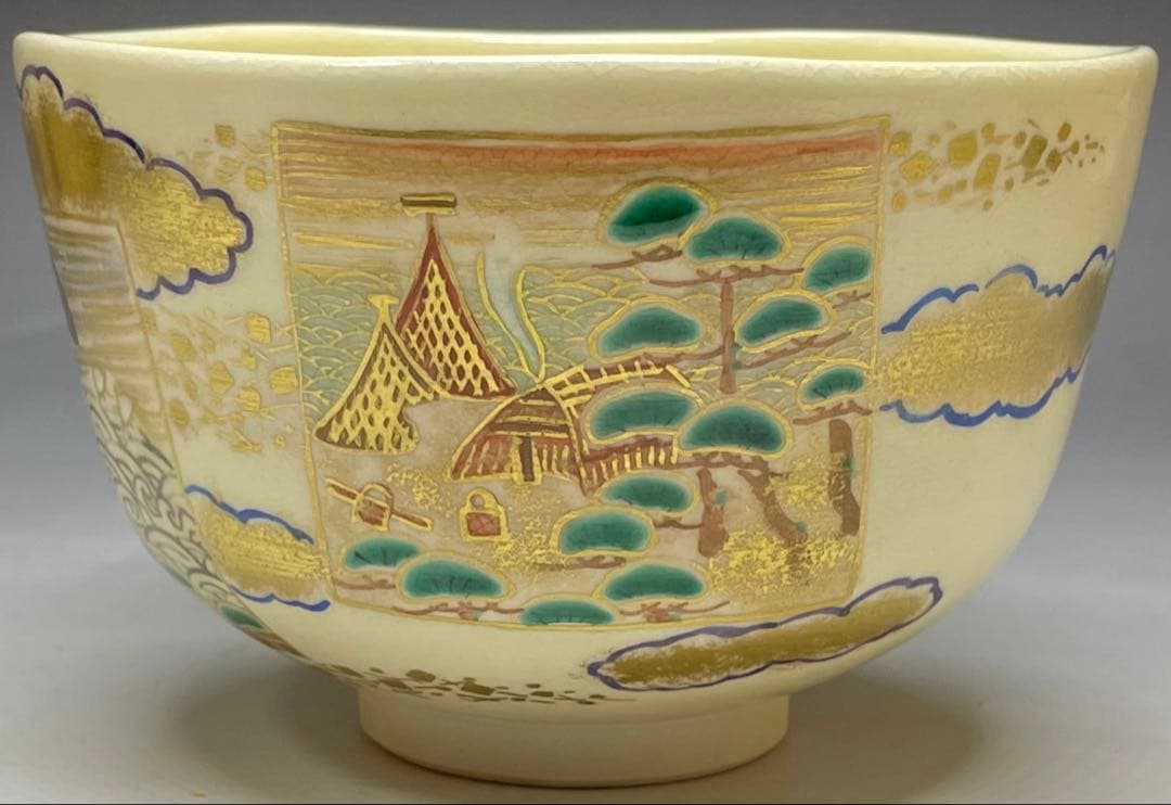 Iro-e Suma Akashi Chawan by Wada Myozan | Kyo-yaki Overglaze Landscape Tea Bowl