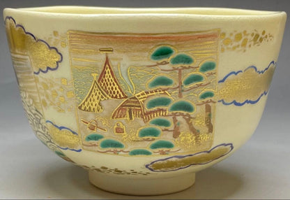 Iro-e Suma Akashi Chawan by Wada Myozan | Kyo-yaki Overglaze Landscape Tea Bowl