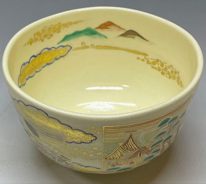 Iro-e Suma Akashi Chawan by Wada Myozan | Kyo-yaki Overglaze Landscape Tea Bowl