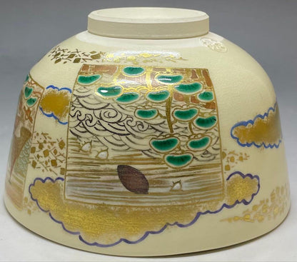 Iro-e Suma Akashi Chawan by Wada Myozan | Kyo-yaki Overglaze Landscape Tea Bowl