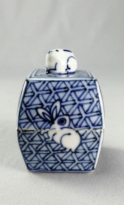 Shoami Rabbit Zodiac Hexagonal Kogo Blue White Sometsuke Incense Container