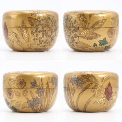 Four Seasons Gold Maki-e Hira-Natsume by Kuze Soshun - Lacquer Tea Caddy with Nashiji