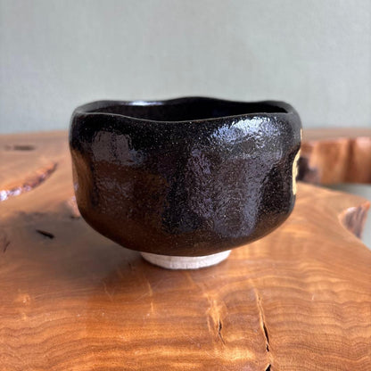Kuro-Raku Chawan 'Saru' — Gold Zodiac Calligraphy by Kawasaki Waraku
