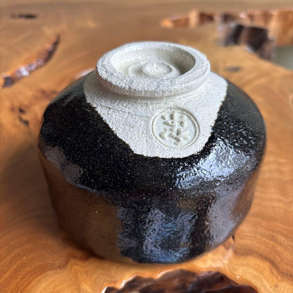 Kuro-Raku Chawan 'Saru' — Gold Zodiac Calligraphy by Kawasaki Waraku
