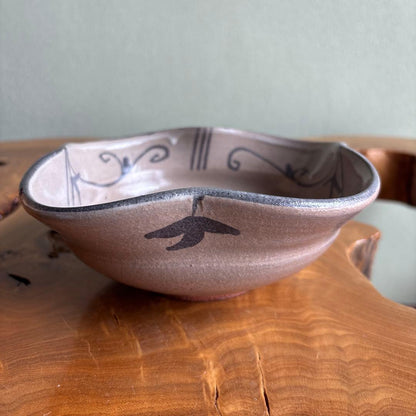 E-Karatsu Bowl by 13th Gen Nakazato Tarouemon Kiln, Iron-Painted Grass Motif, Katakuchi-Style Stoneware with Tomobako