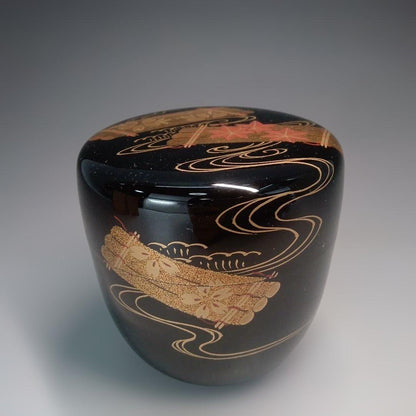 Wajima Lacquer Natsume — Hanaikada Autumn Maple Gold Maki-e, Signed Box