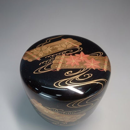 Wajima Lacquer Natsume — Hanaikada Autumn Maple Gold Maki-e, Signed Box